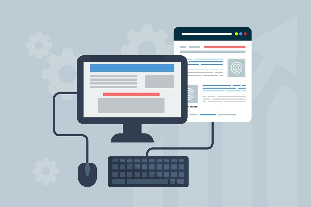 Illustration of a website interface mockup with design and layout elements on screen